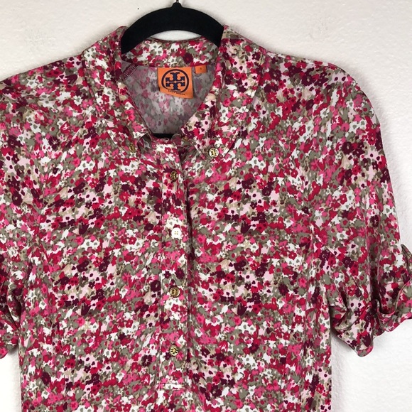 Tory Burch Floral Gold Button Collared Half Button Up Rayon Polo Sz S - Picture 2 of 8